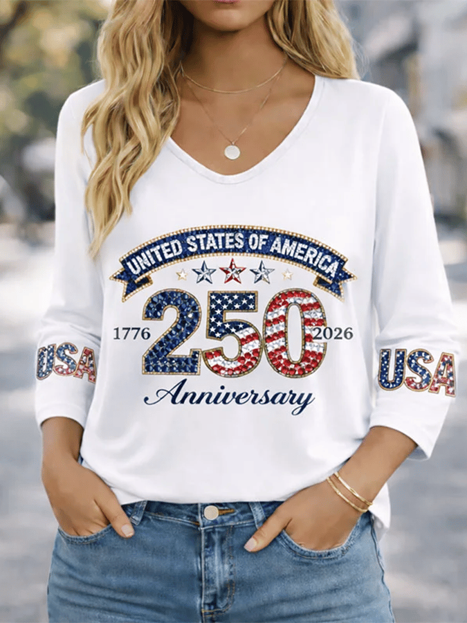 Women's American 250th Anniversary Art Print V-Neck Top
