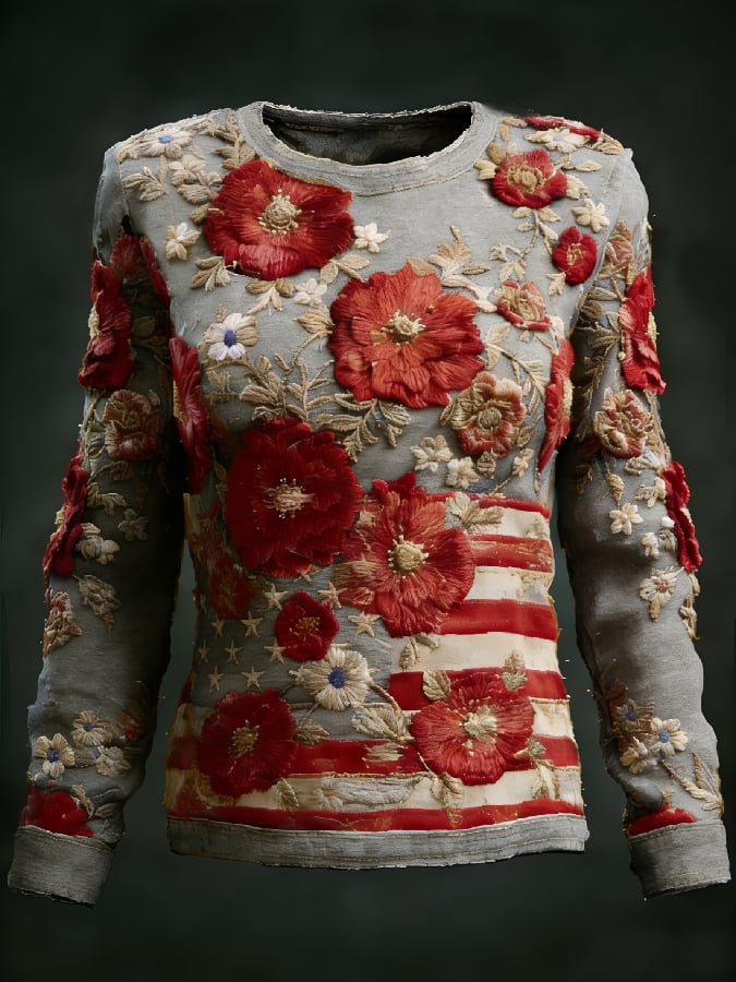 Women's casual long-sleeved T-shirt with 250th anniversary national flag and floral print.