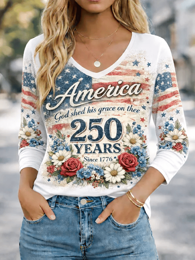 Women's American 250th Anniversary Art Print V-Neck Top