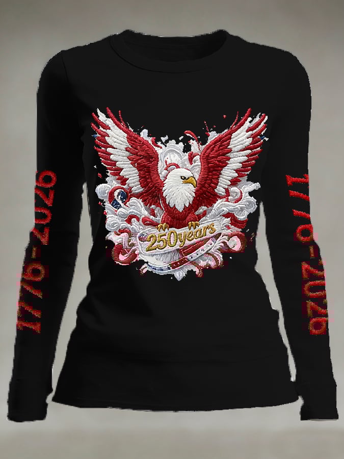 Women's casual long-sleeved T-shirt with 250th anniversary national flag and floral print.