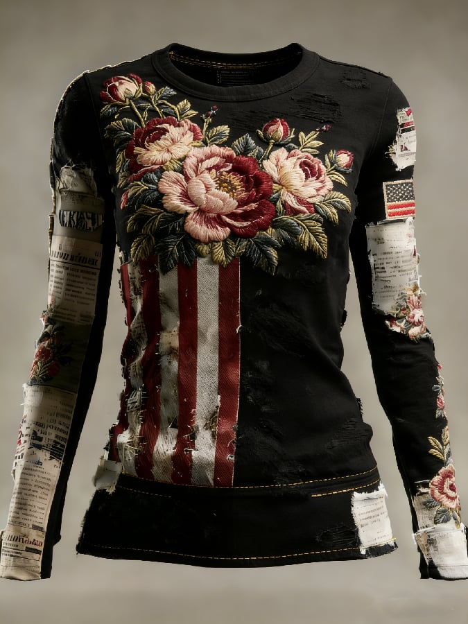 Women's casual long-sleeved T-shirt with 250th anniversary national flag and floral print.