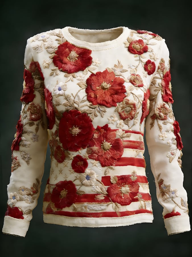 Women's casual long-sleeved T-shirt with 250th anniversary national flag and floral print.