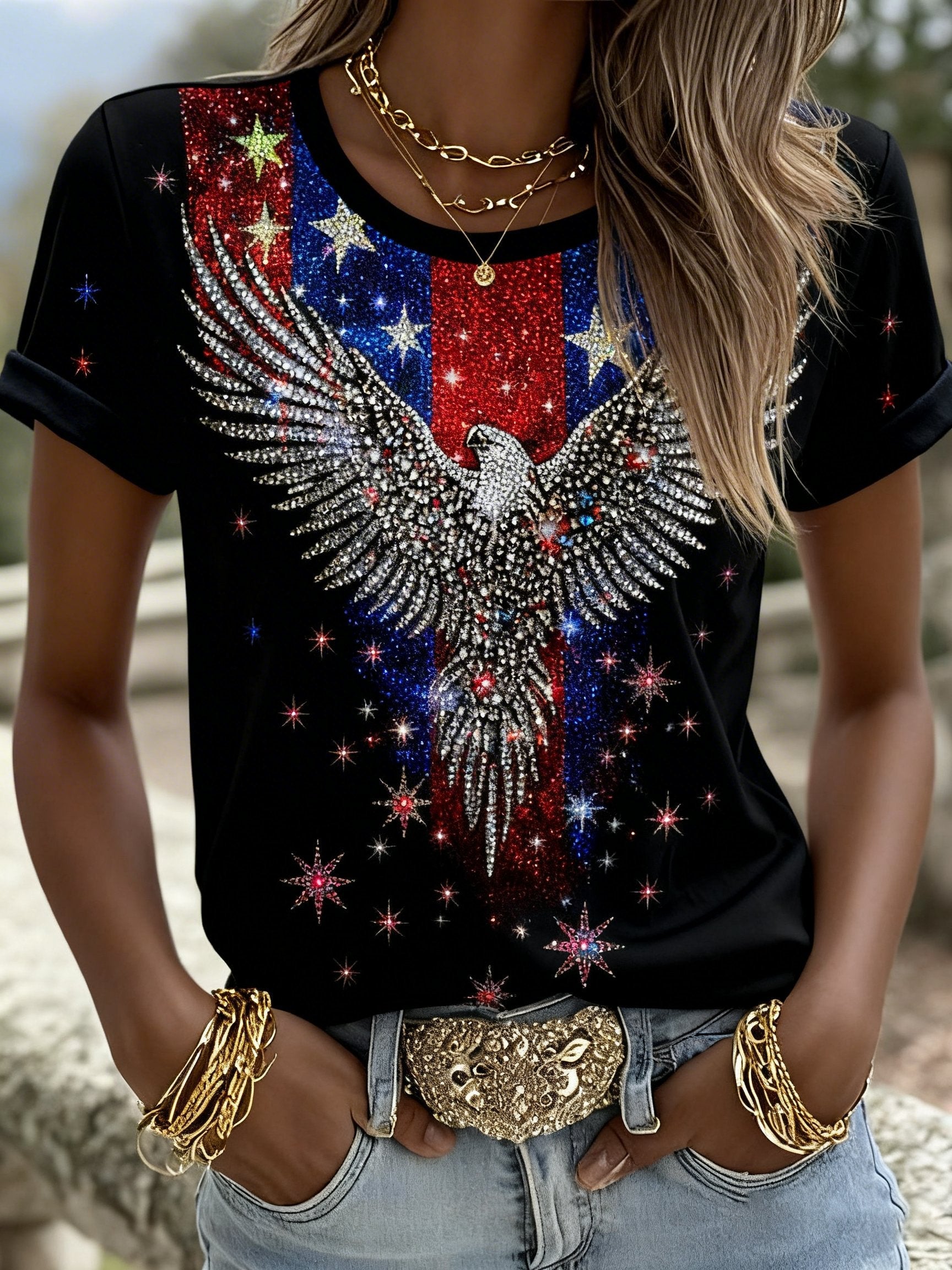 Women's  America 250 – Sparkling Eagle Freedom Print T-Shirt