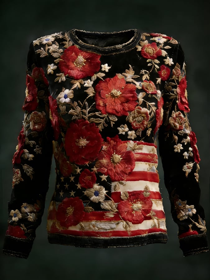 Women's casual long-sleeved T-shirt with 250th anniversary national flag and floral print.