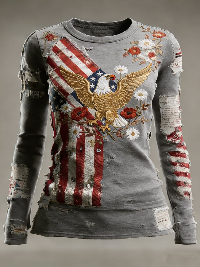 Women's casual long-sleeved T-shirt with 250th anniversary national flag and floral print.