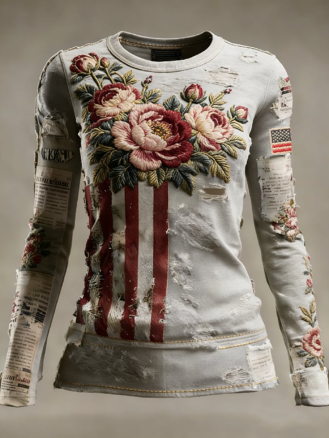Women's casual long-sleeved T-shirt with 250th anniversary national flag and floral print.