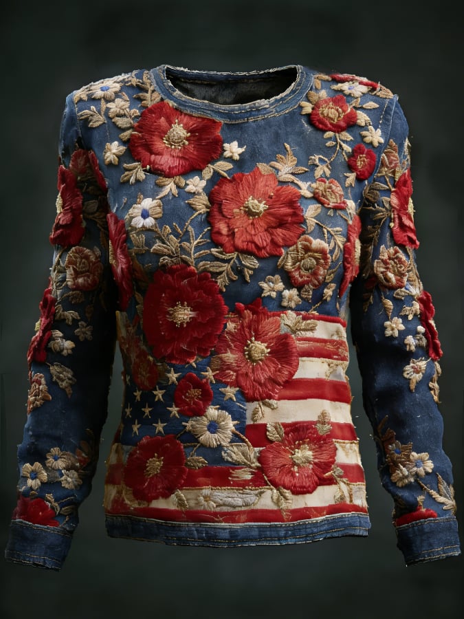 Women's casual long-sleeved T-shirt with 250th anniversary national flag and floral print.