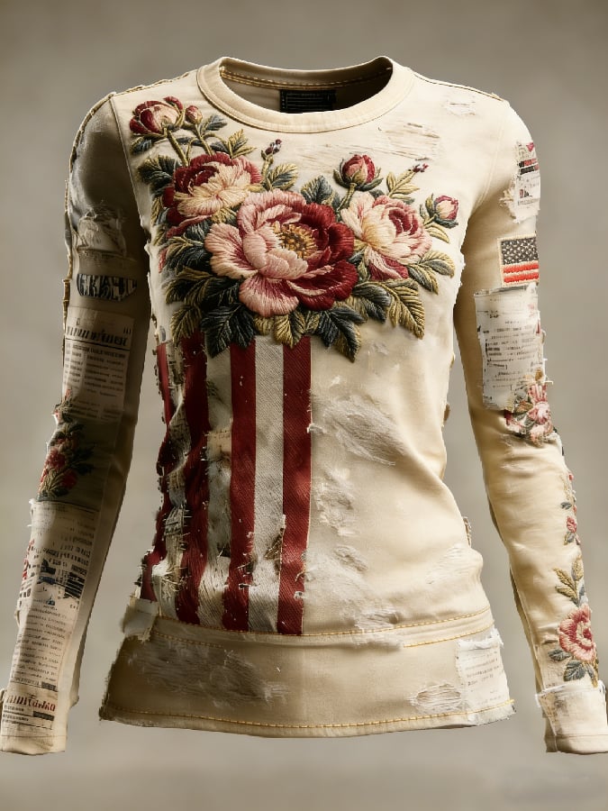 Women's casual long-sleeved T-shirt with 250th anniversary national flag and floral print.