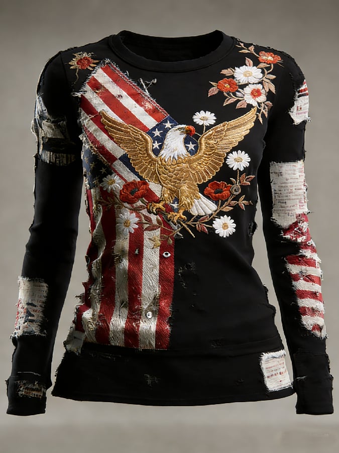 Women's casual long-sleeved T-shirt with 250th anniversary national flag and floral print.
