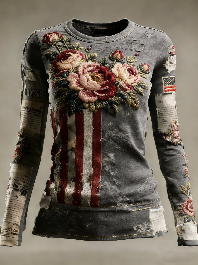 Women's casual long-sleeved T-shirt with 250th anniversary national flag and floral print.