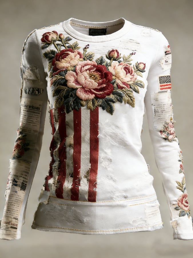Women's casual long-sleeved T-shirt with 250th anniversary national flag and floral print.