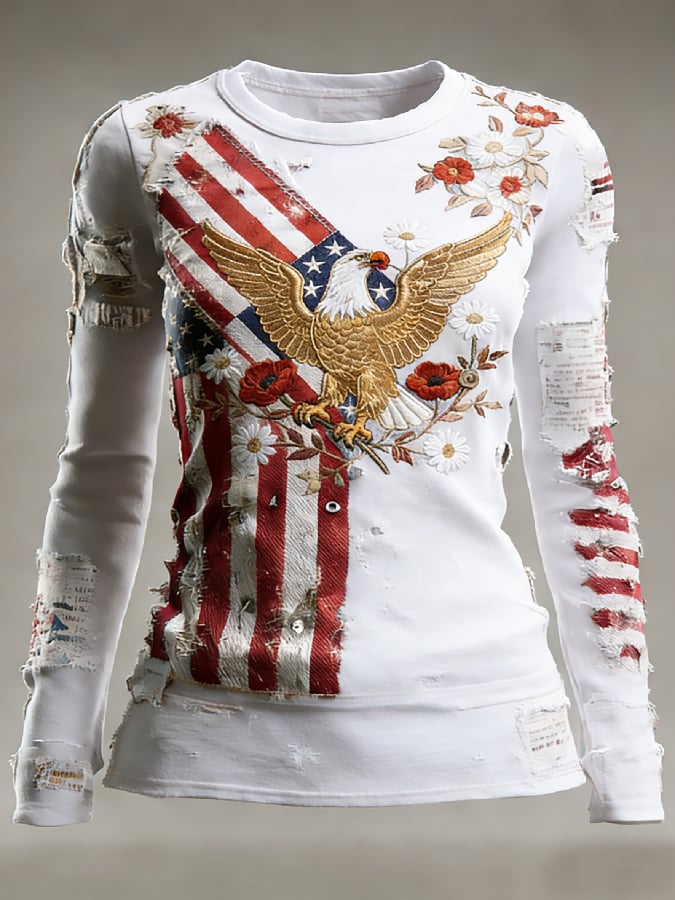 Women's casual long-sleeved T-shirt with 250th anniversary national flag and floral print.