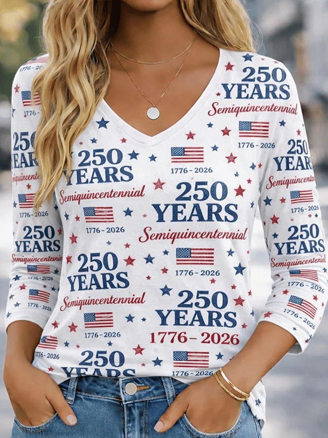Women's American 250th Anniversary Art Print V-Neck Top
